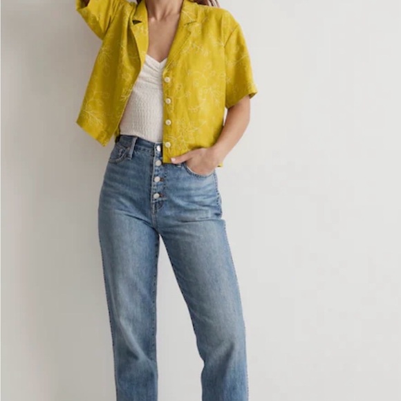 MADEWELL Embroidered Linen-Blend Resort Crop Shirt Medium - Picture 2 of 5